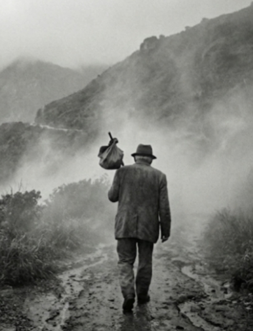 Personnage observant un paysage montagneux enveloppé de brume